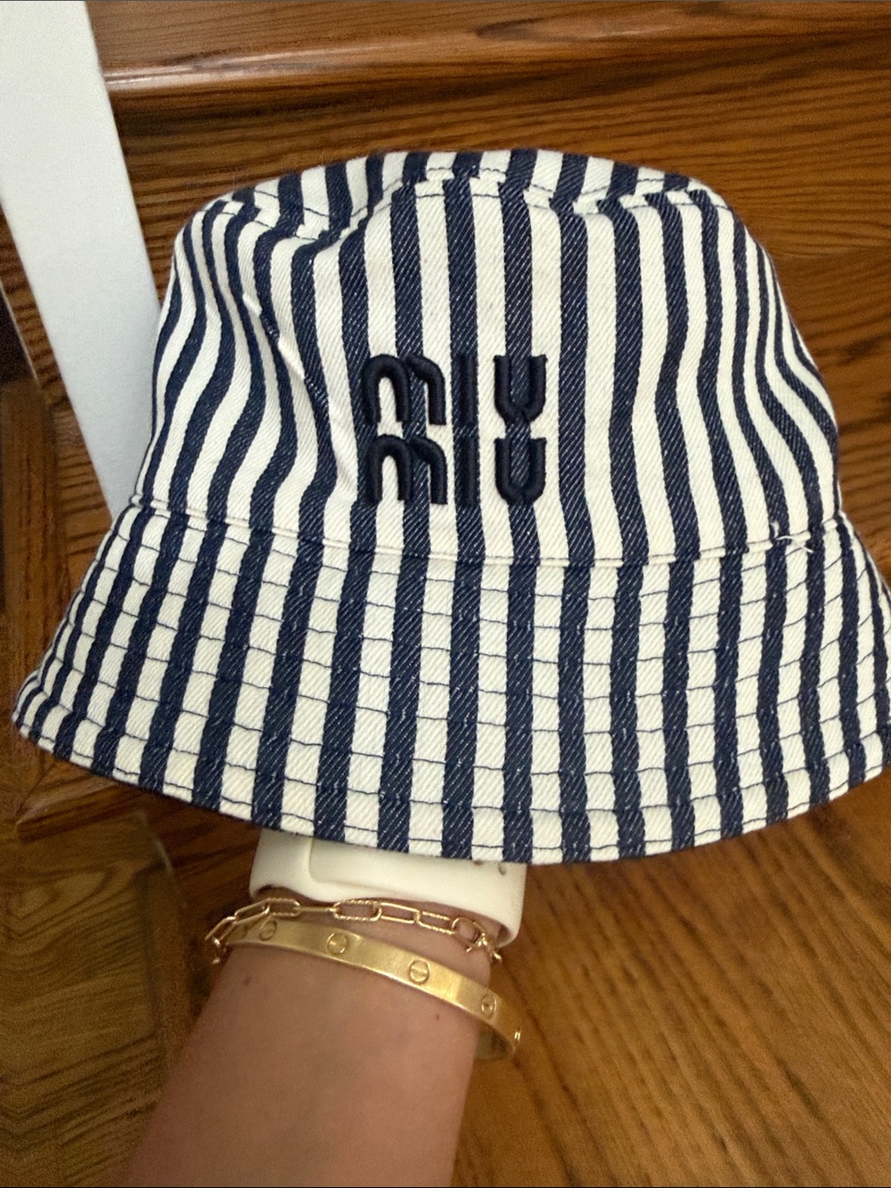 Miu Miu Navy and White Striped Bucket Hat with Embroidered Monogram - Picture 2 of 7